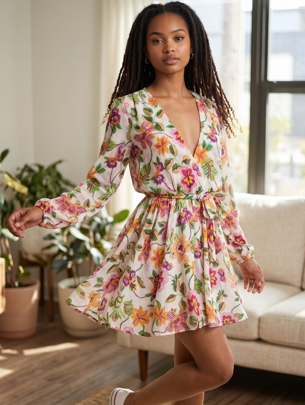 Misa Los Angeles White Floral Faux Wrap Mini Dress with Pink and Yellow Blooms